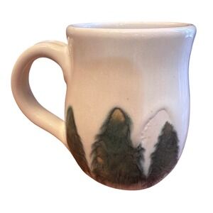 Handmade Studio Pottery Mug‎ Cream Green Excellent Pine Tree